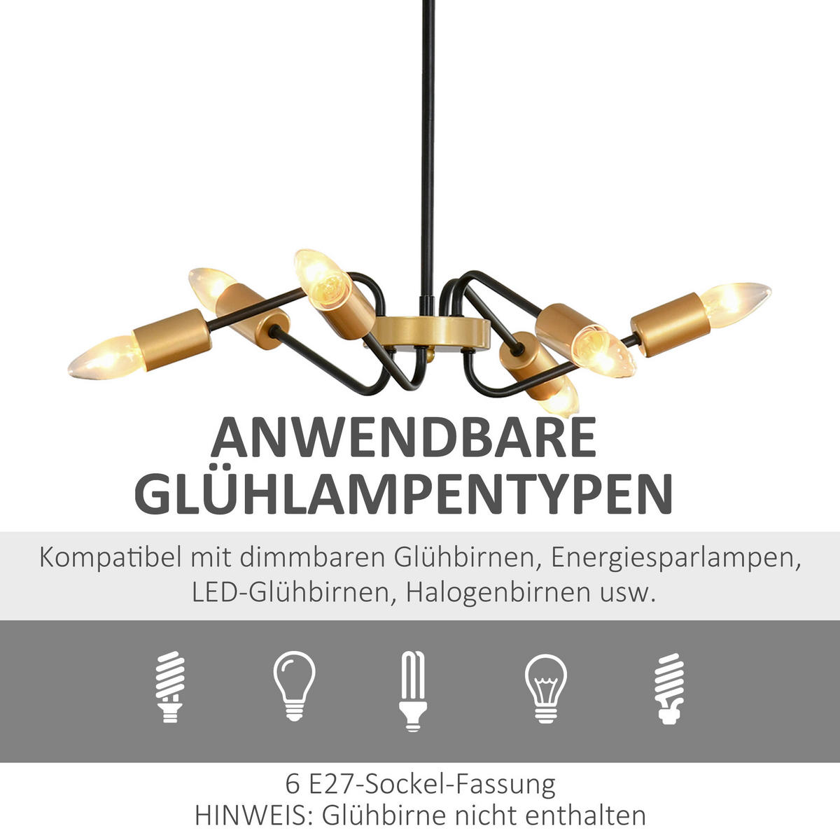 HOMCOM Pendelleuchte gold schwarz Metall B/H/T: ca. 48x120x48 cm Pendelleuchte B31-278 - gold/schwarz (48,00/120,00/48,00cm) - HOMCOM